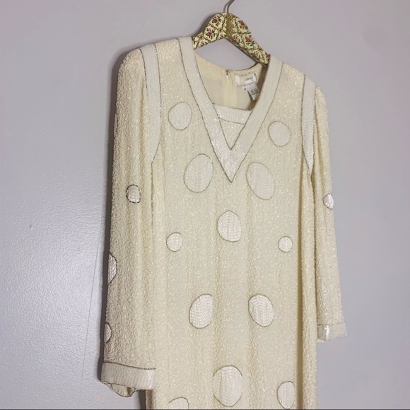 Vintage Bob Mackie Silk Beaded Geometric Long Sleeve Winter White Mini Dress 12 - Picture 2 of 14